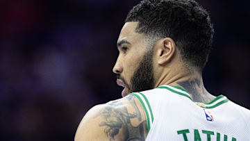 Feb 20, 2025; Philadelphia, Pennsylvania, USA; Boston Celtics forward Jayson Tatum (0) looks on during the third quarter against the Philadelphia 76ers at Wells Fargo Center. Mandatory Credit: Bill Streicher-Imagn Images