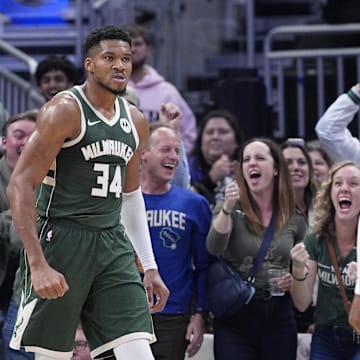Oct 25, 2024; Milwaukee, Wisconsin, USA; Milwaukee Bucks forward Giannis Antetokounmpo (34) after dunking the ball against the Chicago Bulls in the first half at Fiserv Forum. Mandatory Credit: Michael McLoone-Imagn Images