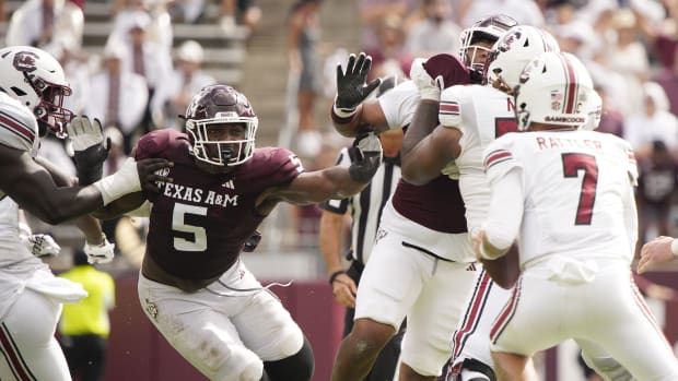 Oct 28, 2023; College Station, Texas, USA; Texas A&M Aggies defensive lineman Shemar Turner (5) rushes South Carolina Gam