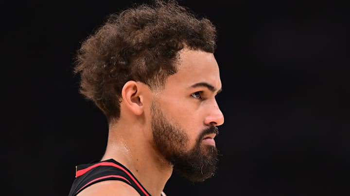 Trae Young #5 of the Atlanta Hawks looks on against the Oklahoma City Thunder.