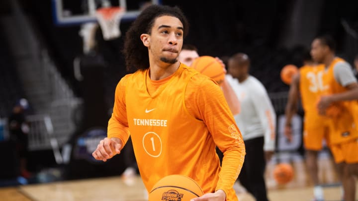 Tennessee guard Freddie Dilione V (1) during a practice ahead of the team's NCAA Tournament Sweet 16 game against Creighton on Thursday, March 28, 2024.