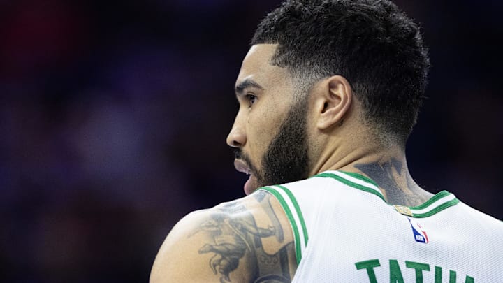 Feb 20, 2025; Philadelphia, Pennsylvania, USA; Boston Celtics forward Jayson Tatum (0) looks on during the third quarter against the Philadelphia 76ers at Wells Fargo Center. Mandatory Credit: Bill Streicher-Imagn Images Feb 20, 2025; Philadelphia, Pennsylvania, USA; Boston Celtics forward Jayson Tatum (0) looks on during the third quarter against the Philadelphia 76ers at Wells Fargo Center. Mandatory Credit: Bill Streicher-Imagn Images