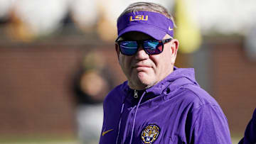 Oct 7, 2023; Columbia, Missouri, USA; LSU Tigers head coach Brian Kelly on field against the