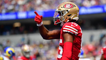 Sep 22, 2024; Inglewood, California, USA; San Francisco 49ers wide receiver Jauan Jennings (15) celebrates his touchdown scored against the Los Angeles Rams during the first half at SoFi Stadium. Mandatory Credit: Gary A. Vasquez-Imagn Images
