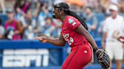 Jun 6, 2025; Oklahoma City, OK, USA;  Texas Tech Red Raiders pitcher NiJaree Canady (24) points to her catcher after a strikeout in the first inning against the Texas Longhorns during game three of the NCAA Softball Women's College World Series finals at Devon Park.