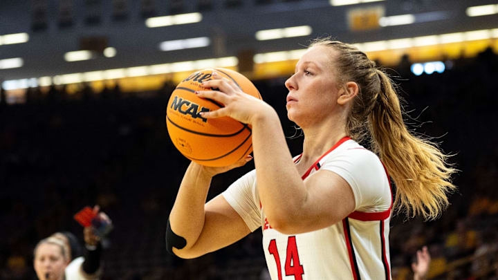 Georgia guard Rylie Theuerkauf (14) attempts a 3-pointer against the Virginia Cavaliers March 21, 2026 during a First Round NCAA March Madness game at Carver-Hawkeye Arena in Iowa City, Iowa.