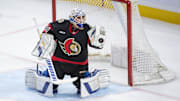 Sep 26, 2024; Ottawa, Ontario, CAN; Ottawa Senators goalie Dustin Tokarski (30) makes a save in the third period against the Buffalo Sabres at the Canadian Tire Centre. Mandatory Credit: Marc DesRosiers-Imagn Images