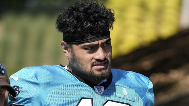 Carolina Panthers linebacker Eku Leota (46) walks to the practice field. Jim Dedmon-USA TODAY Sports