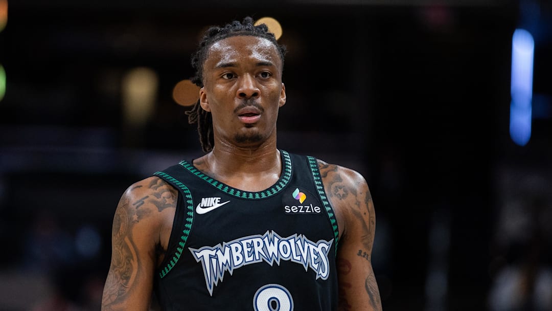 Apr 7, 2026; Indianapolis, Indiana, USA; Minnesota Timberwolves guard Bones Hyland (8) looks on in the second half against the Indiana Pacers at Gainbridge Fieldhouse.