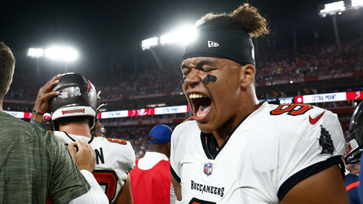 Nov 6, 2022; Tampa, Florida, USA; Tampa Bay Buccaneers linebacker Joe Tryon-Shoyinka (9) reacts after defeating the Los Angeles Rams in the final seconds of the fourth quarter at Raymond James Stadium. Mandatory Credit: Douglas DeFelice-USA TODAY Sports