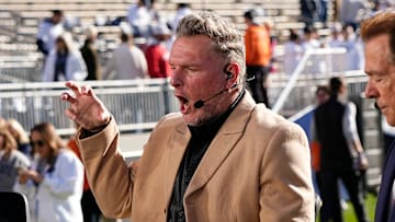 Pat McAfee mimics the lion roar sound effect through the PA system on the ESPN College Gameday set prior to the NCAA football game between the Penn State Nittany Lions and the Ohio State Buckeyes at Beaver Stadium in University Park, Pa. on Saturday, Nov. 2, 2024.
