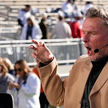 Pat McAfee mimics the lion roar sound effect through the PA system on the ESPN College Gameday set prior to the NCAA football game between the Penn State Nittany Lions and the Ohio State Buckeyes at Beaver Stadium in University Park, Pa. on Saturday, Nov. 2, 2024.