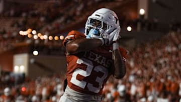 Texas Longhorns running back Jaydon Blue celebrates a touchdown in the second half against the Louisiana Monroe Warhawks.