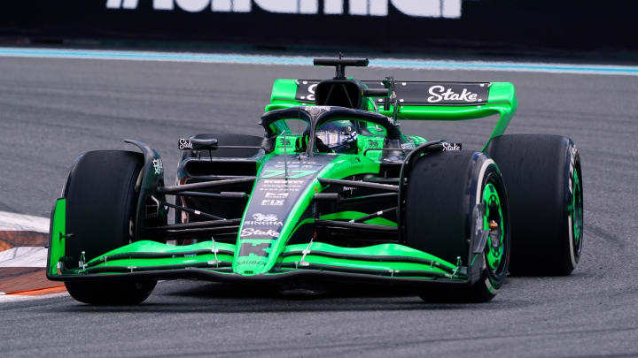 May 3, 2024; Miami Gardens, Florida, USA; Kick Sauber driver Valtteri Bottas (77) races into turn one during F1 practice at Miami International Autodrome. Mandatory Credit: John David Mercer-USA TODAY Sports