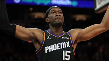 Nov 21, 2025; Phoenix, Arizona, USA; Phoenix Suns center Mark Williams (15) reacts against the Minnesota Timberwolves in the second half of an NBA Cup game at Mortgage Matchup Center. Mandatory Credit: Mark J. Rebilas-Imagn Images