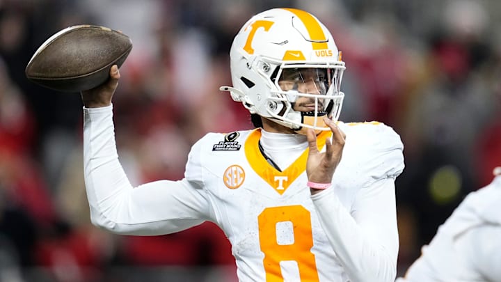 Tennessee Volunteers quarterback Nico Iamaleava (8) throws during the second half of the College Football Playoff first round game against the Ohio State Buckeyes at Ohio Stadium in Columbus on Dec. 22, 2024. Ohio State won 42-17. Tennessee Volunteers quarterback Nico Iamaleava (8) throws during the second half of the College Football Playoff first round game against the Ohio State Buckeyes at Ohio Stadium in Columbus on Dec. 22, 2024. Ohio State won 42-17.