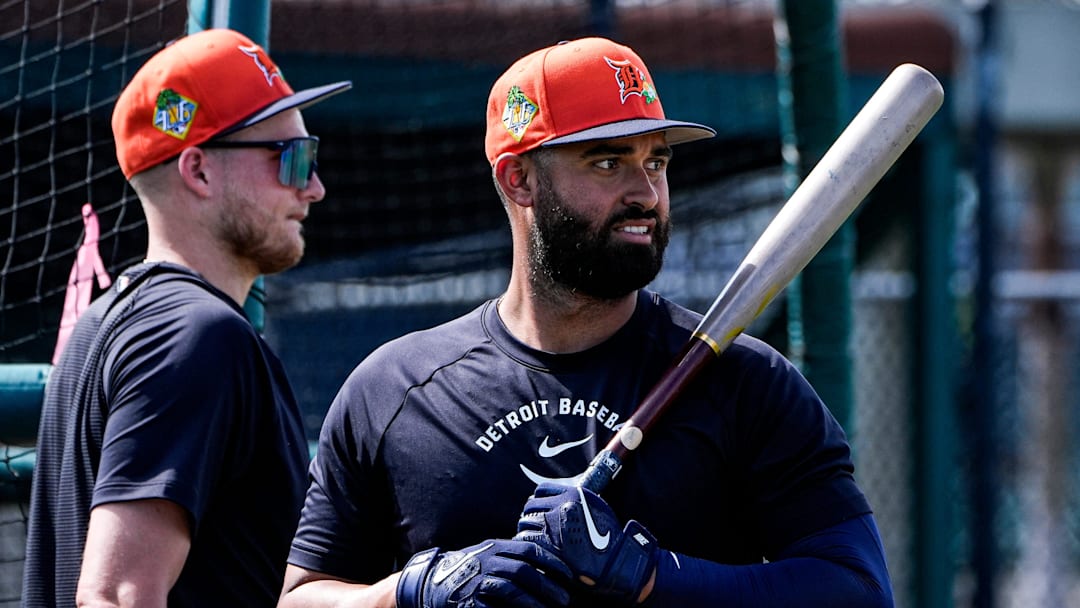 Detroit Tigers outfielder Riley Greene walks out of the batting cage at practice.