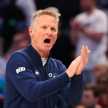 Apr 5, 2024; Dallas, Texas, USA;  Golden State Warriors head coach Steve Kerr reacts during the first quarter against the Dallas Mavericks at American Airlines Center. Mandatory Credit: Kevin Jairaj-USA TODAY Sports