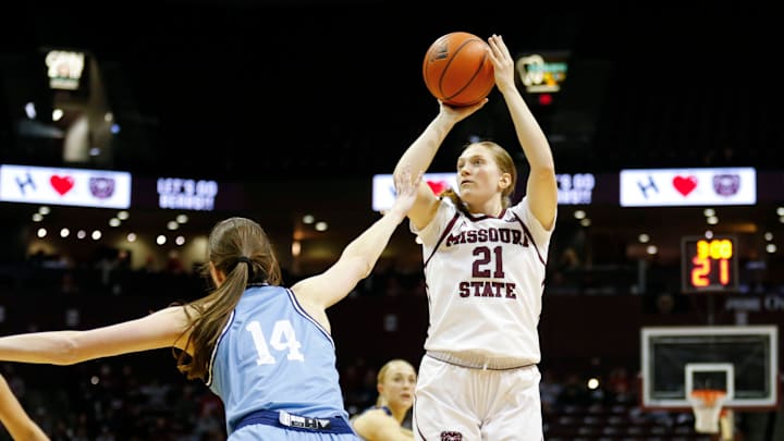 Missouri State Lady Bears Kyrah Daniels shoots a basket as the Lady Bears took on the Drake Bulldogs at Great Southern Bank Arena on Friday, Jan. 24, 2025.