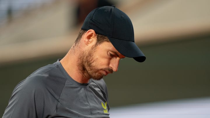 May 26, 2024; Paris, France; Andy Murray of Great Britain reacts to a point during his match against Stan Wawrinka of Switzerland on day one of Roland Garros at Stade Roland Garros. Mandatory Credit: Susan Mullane-USA TODAY Sports