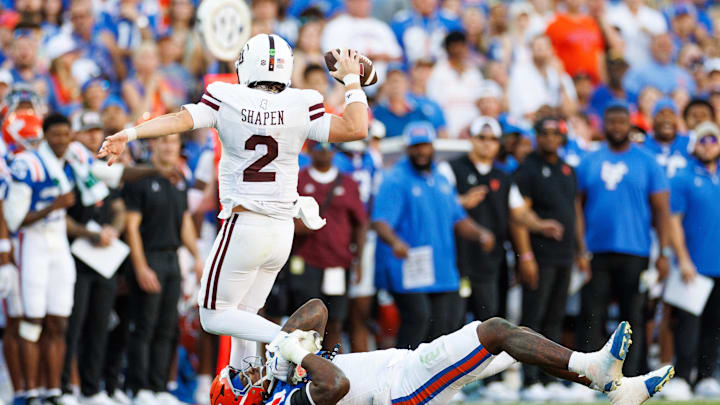 Oct 18, 2025; Gainesville, Florida, USA; Florida Gators defensive end Kamran James (24) sacks Mississippi State Bulldogs quarterback Blake Shapen (2) during the first half at Ben Hill Griffin Stadium. Mandatory Credit: Matt Pendleton-Imagn Images