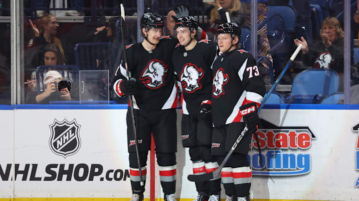 Jan 10, 2026; Buffalo, New York, USA;  Buffalo Sabres right wing Jack Quinn (22) celebrates his goal with teammates during the first period against the Anaheim Ducks at KeyBank Center. Mandatory Credit: Timothy T. Ludwig-Imagn Images