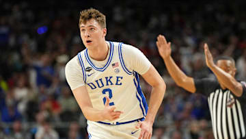 Apr 5, 2025; San Antonio, TX, USA; Duke Blue Devils forward Cooper Flagg (2) reacts after a three point basket against the Houston Cougars during the first half in the semifinals of the men's Final Four of the 2025 NCAA Tournament at the Alamodome. Mandatory Credit: Bob Donnan-Imagn Images