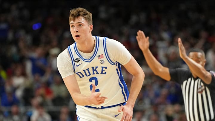 Apr 5, 2025; San Antonio, TX, USA; Duke Blue Devils forward Cooper Flagg (2) reacts after a three point basket against the Houston Cougars during the first half in the semifinals of the men's Final Four of the 2025 NCAA Tournament at the Alamodome. Mandatory Credit: Bob Donnan-Imagn Images