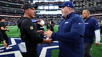 Sep 15, 2024; Arlington, Texas, USA;  New Orleans Saints head coach Dennis Allen (left) greets Dallas Cowboys head coach Mike McCarthy after the game at AT&T Stadium. Mandatory Credit: Kevin Jairaj-Imagn Images