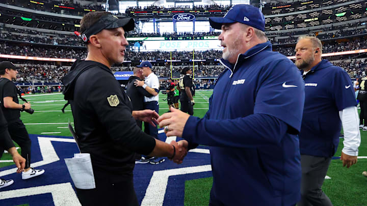 Sep 15, 2024; Arlington, Texas, USA;  New Orleans Saints head coach Dennis Allen (left) greets Dallas Cowboys head coach Mike McCarthy after the game at AT&T Stadium. Mandatory Credit: Kevin Jairaj-Imagn Images