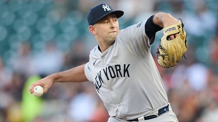 Jun 1, 2024; San Francisco, California, USA; New York Yankees starting pitcher Cody Poteet (72) throws a pitch against the San Francisco Giants during the first inning at Oracle Park. Mandatory Credit: Robert Edwards-Imagn Images