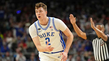 Apr 5, 2025; San Antonio, TX, USA; Duke basketball forward Cooper Flagg (2) reacts after a three point basket against the Houston Cougars during the first half in the semifinals of the men's Final Four of the 2025 NCAA Tournament at the Alamodome. 