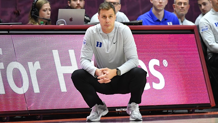 Jan 31, 2026; Blacksburg, Virginia, USA; Duke Blue Devils head coach Jon Scheyer watches his team against the Virginia Tech Hokies during the second half against Virginia Tech Hokies.