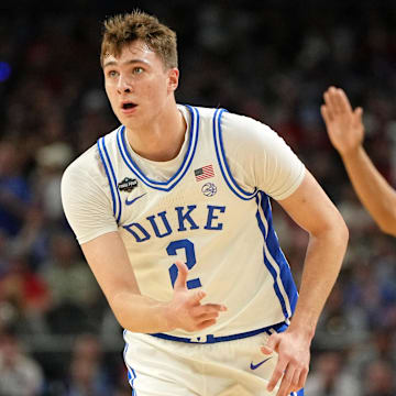 Apr 5, 2025; San Antonio, TX, USA; Duke Blue Devils forward Cooper Flagg (2) reacts after a three point basket against the Houston Cougars during the first half in the semifinals of the men's Final Four of the 2025 NCAA Tournament at the Alamodome. Mandatory Credit: Bob Donnan-Imagn Images