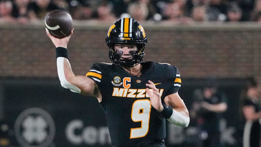 Sep 20, 2025; Columbia, Missouri, USA; Missouri Tigers quarterback Beau Pribula (9) throws a pass against the South Carolina Gamecocks during the second half of the game at Faurot Field at Memorial Stadium. Mandatory Credit: Denny Medley-Imagn Images