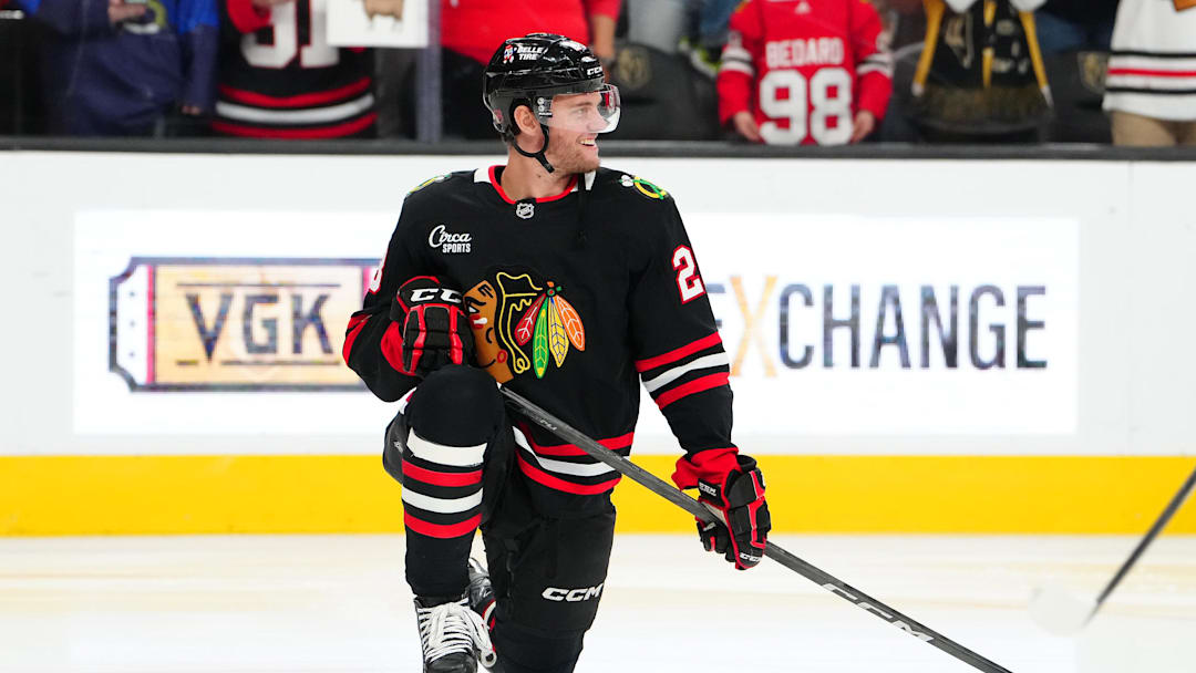 Mar 14, 2026; Las Vegas, Nevada, USA; Chicago Blackhawks left wing Andre Burakovsky (28) warms up before a game against the Vegas Golden Knights at T-Mobile Arena. Mandatory Credit: Stephen R. Sylvanie-Imagn Images