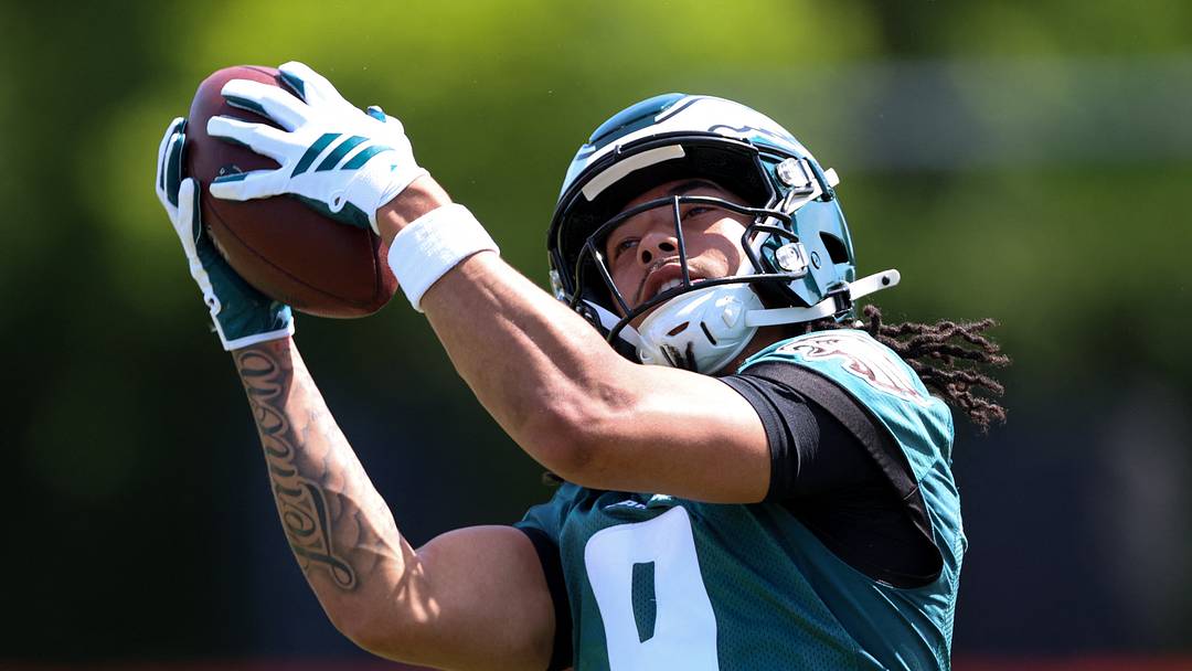 May 1, 2026; Philadelphia, PA, USA; Philadelphia Eagles wide receiver Makai Lemon (9) runs drills during rookie minicamp at NovaCare Complex. Mandatory Credit: Bill Streicher-Imagn Images