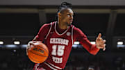 Jan 25, 2025; Tuscaloosa, Alabama, USA; Alabama Crimson Tide forward Jarin Stevenson (15) drives the ball against the LSU Tigers during the first half at Coleman Coliseum. Mandatory Credit: Will McLelland-Imagn Images