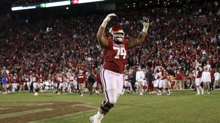 Nov 10, 2018; Norman, OK, USA; Oklahoma Sooners offensive lineman Cody Ford (74) reacts after the game against the Oklahoma State Cowboys at Gaylord Family - Oklahoma Memorial Stadium. Mandatory Credit: Kevin Jairaj-USA TODAY Sports