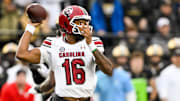 Nov 9, 2024; Nashville, Tennessee, USA;  South Carolina Gamecocks quarterback LaNorris Sellers (16) passes the ball against the Vanderbilt Commodores during the first half at FirstBank Stadium. Mandatory Credit: Steve Roberts-Imagn Images