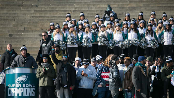Super Bowl MVP Nick Foles speaks to the fans. Thousands gather around the Rocky steps of the Philadelphia Museum of Art 