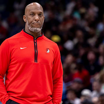 Mar 16, 2024; New Orleans, Louisiana, USA;  Portland Trail Blazers head coach Chauncey Billups looks on against the New Orleans Pelicans during the first half at Smoothie King Center. Mandatory Credit: Stephen Lew-Imagn Images