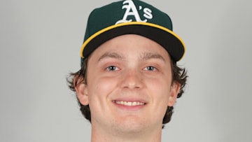 Feb 18, 2025; Mesa, AZ, USA; Athletics infielder Nick Kurtz poses during photo day. Mandatory Credit: Rick Scuteri-Imagn Images