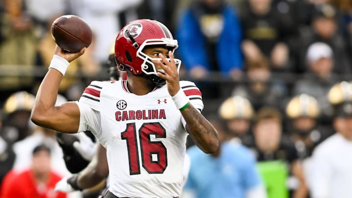 Nov 9, 2024; Nashville, Tennessee, USA; South Carolina Gamecocks quarterback LaNorris Sellers (16) passes the ball against the Vanderbilt Commodores during the first half at FirstBank Stadium. Nov 9, 2024; Nashville, Tennessee, USA; South Carolina Gamecocks quarterback LaNorris Sellers (16) passes the ball against the Vanderbilt Commodores during the first half at FirstBank Stadium.