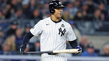Oct 28, 2024; New York, New York, USA; New York Yankees outfielder Juan Soto (22) walks during the sixth inning against the Los Angeles Dodgers in game three of the 2024 MLB World Series at Yankee Stadium. Mandatory Credit: Brad Penner-Imagn Images