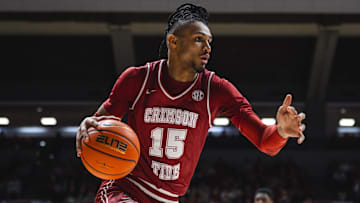 Jan 25, 2025; Tuscaloosa, Alabama, USA; Alabama Crimson Tide forward Jarin Stevenson (15) drives the ball against the LSU Tigers during the first half at Coleman Coliseum. Mandatory Credit: Will McLelland-Imagn Images