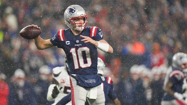 Jan 18, 2026; Foxborough, MA, USA; New England Patriots quarterback Drake Maye (10) throws in the third quarter against the Houston Texans in an AFC Divisional Round game at Gillette Stadium. Mandatory Credit: David Butler II-Imagn Images