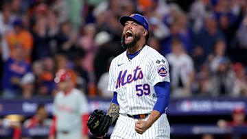 Oct 8, 2024; New York City, New York, USA; New York Mets starting pitcher Sean Manaea (59) reacts to an inning ending double play during the sixth inning of game three of the NLDS against the Philadelphia Phillies in the 2024 MLB Playoffs at Citi Field. Mandatory Credit: Brad Penner-Imagn Images