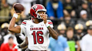Nov 9, 2024; Nashville, Tennessee, USA;  South Carolina Gamecocks quarterback LaNorris Sellers (16) passes the ball against the Vanderbilt Commodores during the first half at FirstBank Stadium. Mandatory Credit: Steve Roberts-Imagn Images