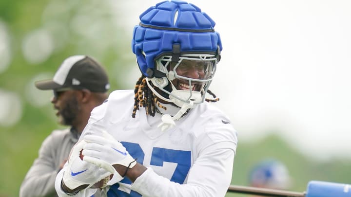 Indianapolis Colts running back Trey Sermon (27) runs drills Wednesday, June 5, 2024, during practice at the Colts Practice Facility in Indianapolis.